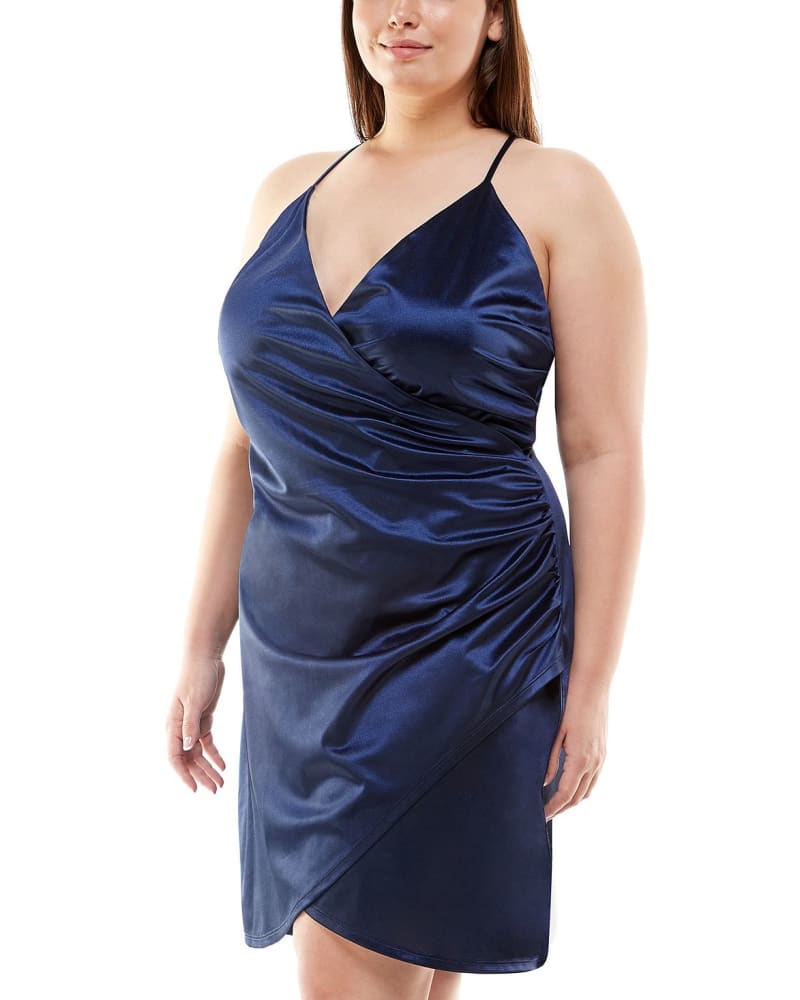 Front of a model wearing a size 14W Speechless Women's Trendy Plus Satin Faux Wrap Dress Blue Size 14W in Blue by Speechless. | dia_product_style_image_id:313524